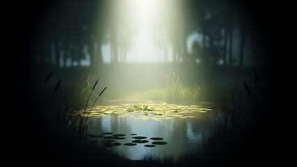 Ethereal forest pond bathed in a mystical beam of light, creating a serene and captivating scene