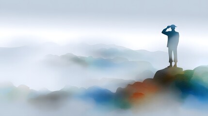 Fototapeta premium A surreal 3D illustration of a soldier silhouette standing on a mountain peak at dawn, stylized with pastel watercolor textures, empty sky area for headline
