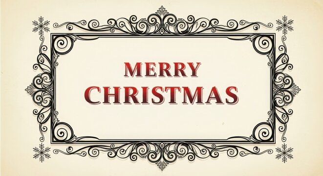 Merry christmas" text in ornate frame with vintage holiday design and snowflakes.