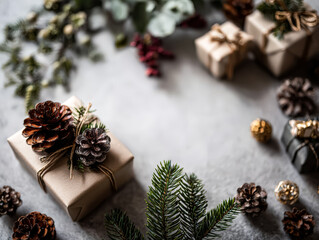 Wrapped Christmas gifts adorned with pinecones and greenery create a festive atmosphere for holiday celebrations