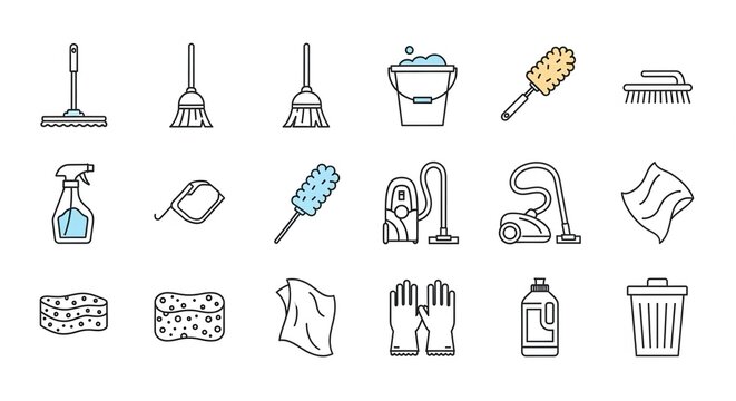 Professional cleaning equipment icons for a tidy home and sparkling business, featuring mop, broom, vacuum, and sponges for a germ-free and healthy environment