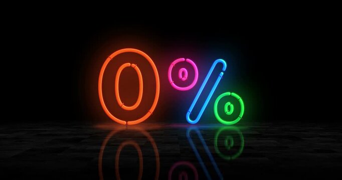 Zero percent sale discount neon glowing symbol. Light color bulbs. 0 promotion offer abstract concept 3d animation.
