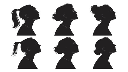 Vector illustration of set of six black female head profile silhouettes showing different hairstyles looking upward