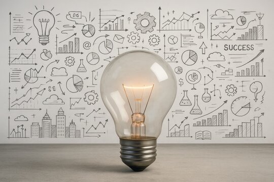 Illuminated light bulb in front of hand-drawn business strategy doodles with graphs, gears, charts, and success icons on concrete background wall. Ai generative