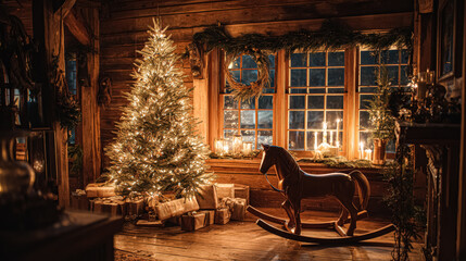 Fototapeta premium Warm Christmas Eve atmosphere featuring a beautifully lit tree, rocking horse, and soft candlelight creating a festive holiday spirit