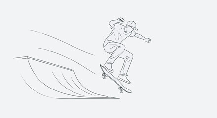 Skateboarder doing a trick jump off a ramp line drawing vector isolated on white background