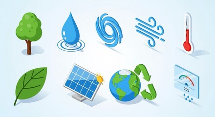 Eco-friendly solutions and climate change awareness for a sustainable future with earth, water, tree, wind, solar panel, recycling, and temperature gauge graphics