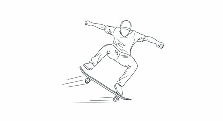 Simple black and white vector line art of a skateboarder performing a jump