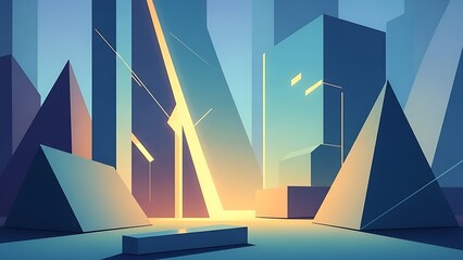 Abstract Geometric Cityscape Bathed in Radiant Light, Featuring Dynamic Intersecting Forms and Sharp Architectural Angles, Evoking a Modern Urban Concept