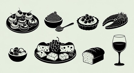 Elegant black and white spread featuring caviar, pastries, cheese, salmon, and wine for upscale dining promotions and refined culinary experiences