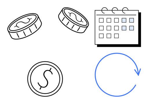 Coins, calendar, and circular arrow symbolizing recurring payments, budgeting, and time management. Ideal for subscription services, financial planning, saving, automation economy and scheduling