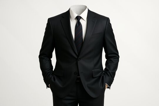 Headless man in black business suit symbolizing anonymity in corporate world on plain background in conceptual minimalist digital art style. Ai generative