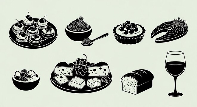 Elegant black and white spread featuring caviar, pastries, cheese, salmon, and wine for upscale dining promotions and refined culinary experiences