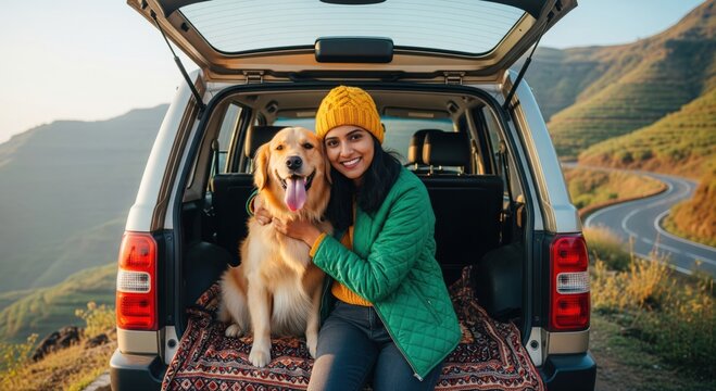 A joyful Indian woman and her loyal golden retriever share a cozy moment in the back of a car parked amid winding mountain roads