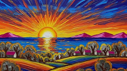 Vibrant impressionistic sunset painting illuminating a tranquil village landscape with radiant orange and blue hues reflecting on the serene waters