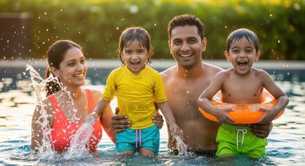 A vibrant Indian family enjoys time together in a swimming pool, splashing water and sharing laughter in the bright outdoors