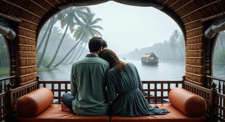 A romantic couple snuggles together on a cozy Kerala houseboat, gazing at the rainy backwaters and palm trees