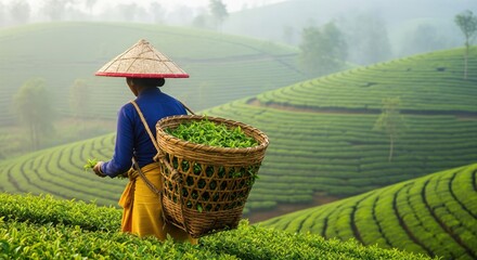 A dedicated woman harvests fresh tea leaves in the misty green hills, carrying a traditional basket