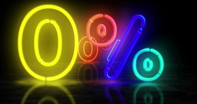 Zero percent sale discount neon symbol. Light color bulbs. 0 promotion offer abstract seamless and loopable concept. 3d flying through the tunnel animation.