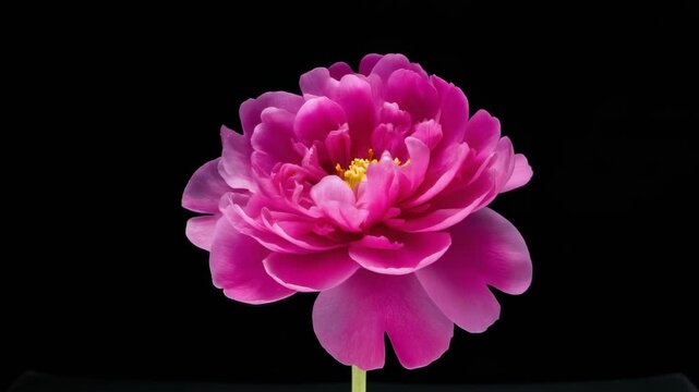 Vibrant Pink Peony Flower Blooming with Delicate Petals Against a Stark Black Background