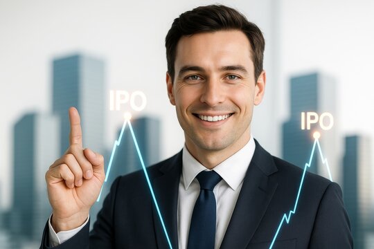 Smiling businessman pointing at IPO concept with financial graph peaks symbolizing stock market success and public offering strategy on office background. Ai generative