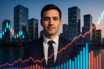Confident businessman in suit with financial graphs and bar charts overlayed, standing in front of city skyline during twilight, business concept.. Ai generative
