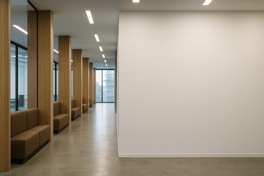 Modern corporate office hallway with wooden panel seating and clean architectural design, featuring neutral tones and minimalist lighting fixtures. Ai generative