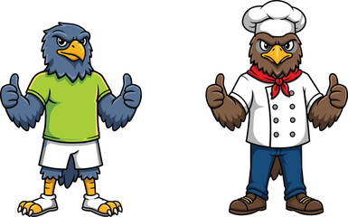 PrintCartoon eagle characters, sporty athlete in green outfit and professional chef costume, thumbs up pose, mascot illustration, kids educational coloring page design