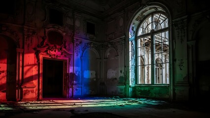 Eerie beauty of an opulent abandoned hall bathed in vibrant red, blue, and green light