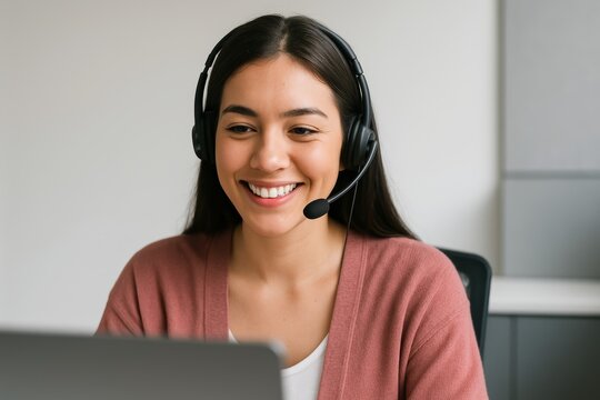 Smiling customer service representative wearing headset during online video call in modern office environment for communication and support concept. Ai generative