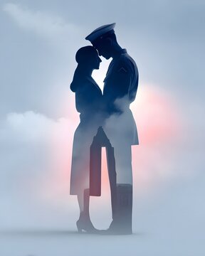 Watercolor illustration of women and men veterans hugging and smiling in a park, double-exposure effect with flag, dreamy pastel tones and sky space for caption