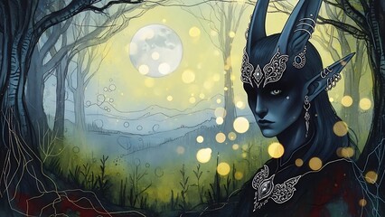 Mysterious Elven Being in a Moonlit Enchanted Forest with Glowing Orbs