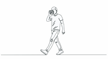 Minimalist vector line drawing of a walking man making an announcement with a megaphone