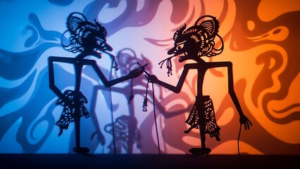 Dynamic shadows of traditional puppets narrating ancient tales against a vibrant, contrasting backdrop, showcasing rich cultural heritage and theatrical artistry