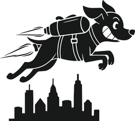 Jetpack dog flying above city skyline with wide smile, cartoon animal silhouette, fantasy urban motion concept, futuristic illustration, white background