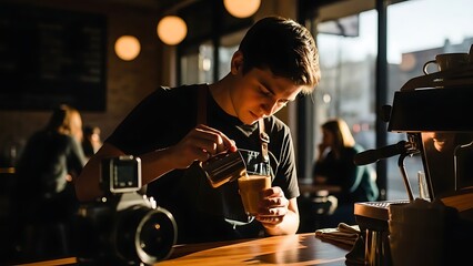 Skilled barista masterfully crafting beautiful latte art in a bustling, sunlit coffee shop during the morning rush