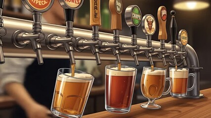 Craft Beer Taps Pouring Fresh Brews into Glasses at a Bar.