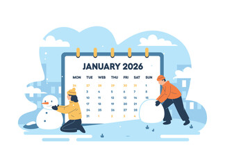 January 2026 calendar page vector illustration. Concept of business planning and schedule. People making a snowman together in a winter city park. Concept of winter activities and fun. 