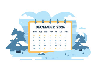 December 2026 calendar page vector illustration. Winter landscape with snowy pine trees and drifts. Concept of business planning and schedule.