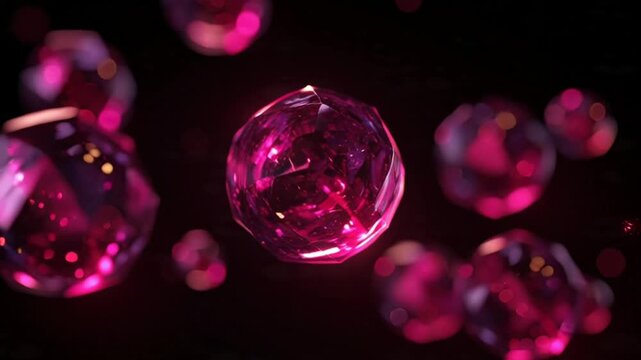 Close-up of pink crystal balls floating in a dark space.