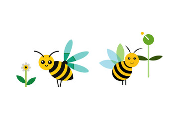 Cute cartoon bees flying near flowers and plants on a black background representing nature and pollination in a simple graphic style