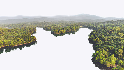 Aerial panoramic view of a winding river flowing through dense lush green forest and hills. Calm water, morning haze and untouched nature create a peaceful and scenic landscape