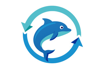 A cheerful blue dolphin leaps within a circular arrow symbol representing movement and continuity in a clean vector graphic on a black background