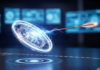 Futuristic archery concept with glowing arrow piercing a target for success, showcasing precision and innovation in a modern tech environment, perfect for cutting-edge marketing