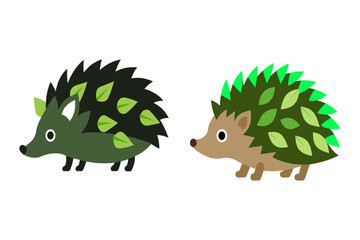 Two stylized cartoon hedgehogs with green leaves integrated into their quills stand side by side against a black background representing nature and autumn themes
