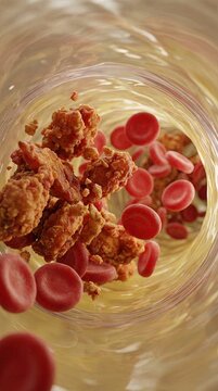 A striking medical illustration depicts a close-up view of the circulatory system with a clear and detailed presentation of a blood vessel. Featuring blood clots and blood cells. 