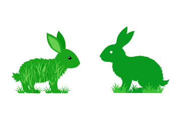 Two stylized green rabbits stand in grass against a black background one appearing as a silhouette and the other with a textured grass fur effect