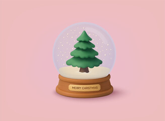Cute 3D snow globe with Christmas tree and falling snow on a soft pink background. Ideal for festive branding, holiday marketing and winter season designs. 3D vector web illustration.