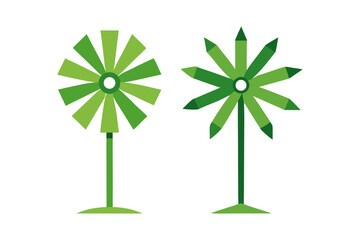 Two stylized green pinwheels or windmills with different blade shapes standing tall on thin stems against a stark black background symbolizing nature and creativity