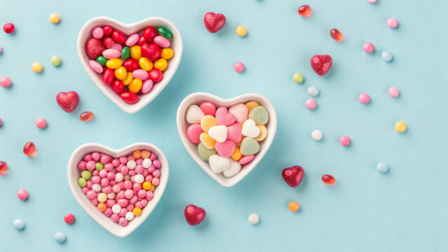 Colorful heart-shaped bowls filled with assorted candies on a light blue background for a festive celebration